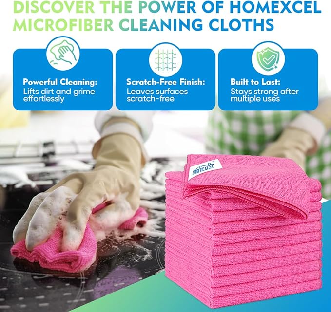 HOMEXCEL Pink Microfiber Cleaning Cloth 12 Pack, 12.5 x 12.5 inch Microfiber Towels for Cars, Ultra Absorbent Car Washing Cloth, Lint Free Streak Free Cleaning Rags for Car, Kitchen, and Window