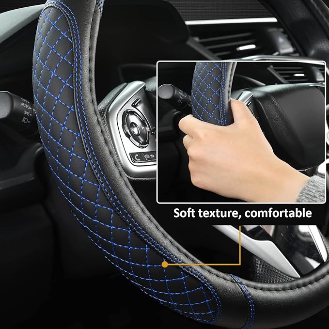 West Llama Car Steering Wheel Cover for Ford Escape,Explorer,Fusion,Focus,Bronco,Transit,Edge(Diamond Quilted - Black+Blue- Standard Size)