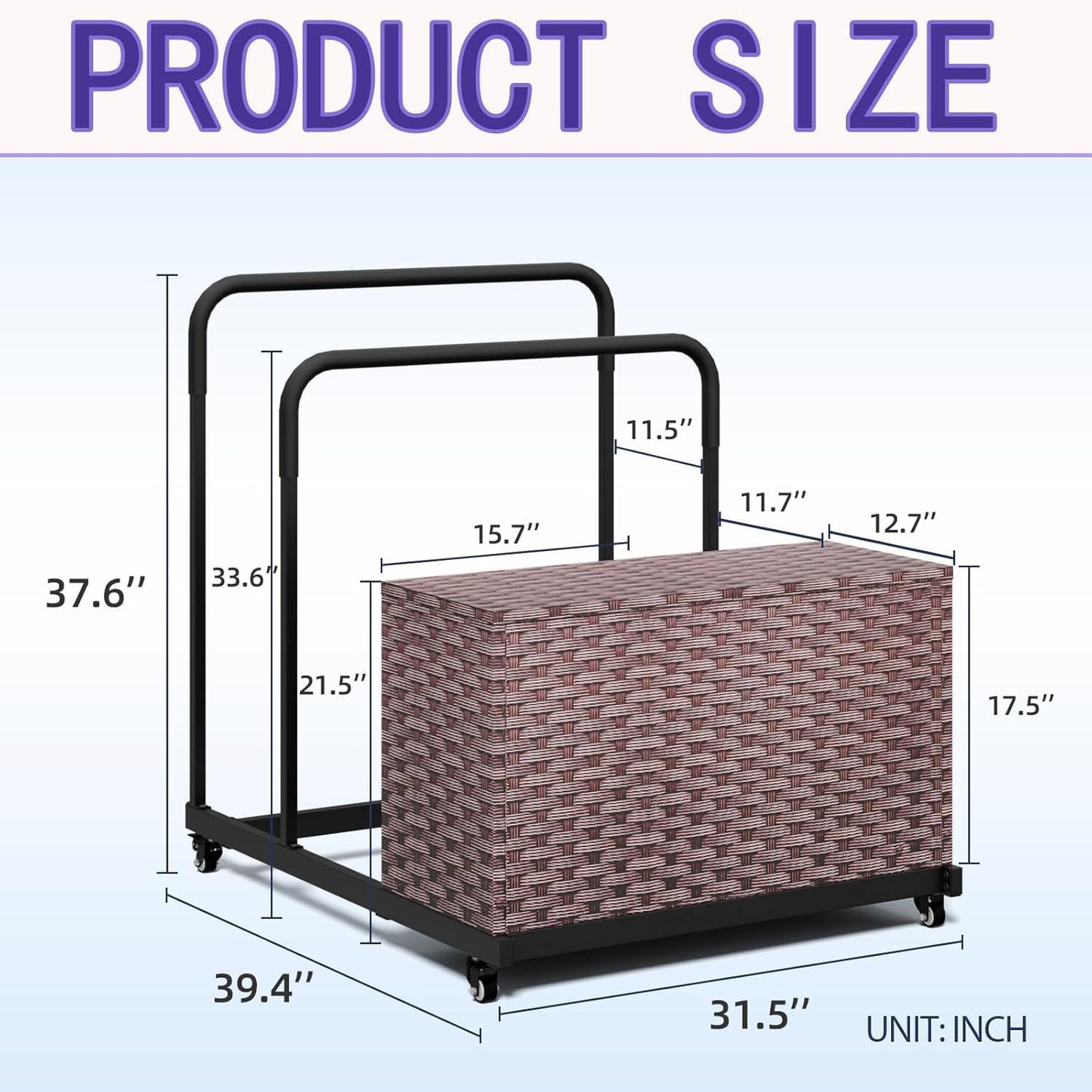 Pool Storage, All-Weather Float Storage Organizer for Cushions, Pool Float Storage Bin with Wheels, Waterproof Metal with Rattan Pattern UV Print Outdoor Pool Towel Rack, Brown