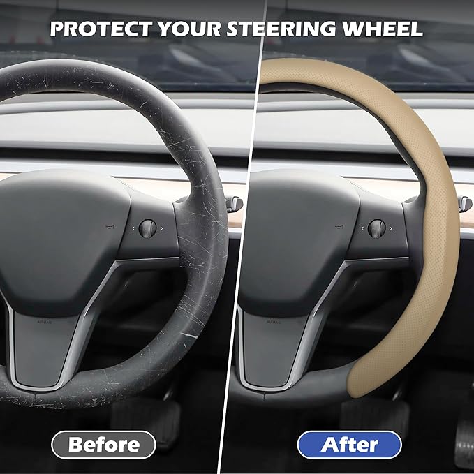 frani Nappa Leather Steering Wheel Cover, Universal 15 Inch Premium Non-Slip Steering Wheel Cover Beige