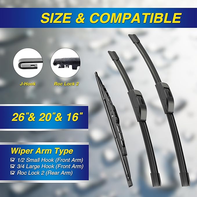 5 PLUS® Windshield Wipers Replacement for Dodge Grand Caravan 2020-2008,Silicone Water Repellent Wiper Blades-26"/20"/16"(Set of 3), OEM Fit HOOK ARM, All-Season, Easy Installation