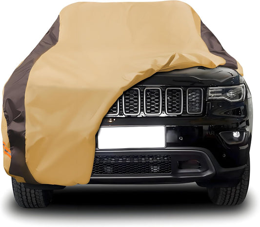 Car Cover Waterproof All Weather Compatible with Jeep Grand Cherokee, Outdoor Anti-UV Sun Rain Protection Full Exterior Cover (Camel with Brown)