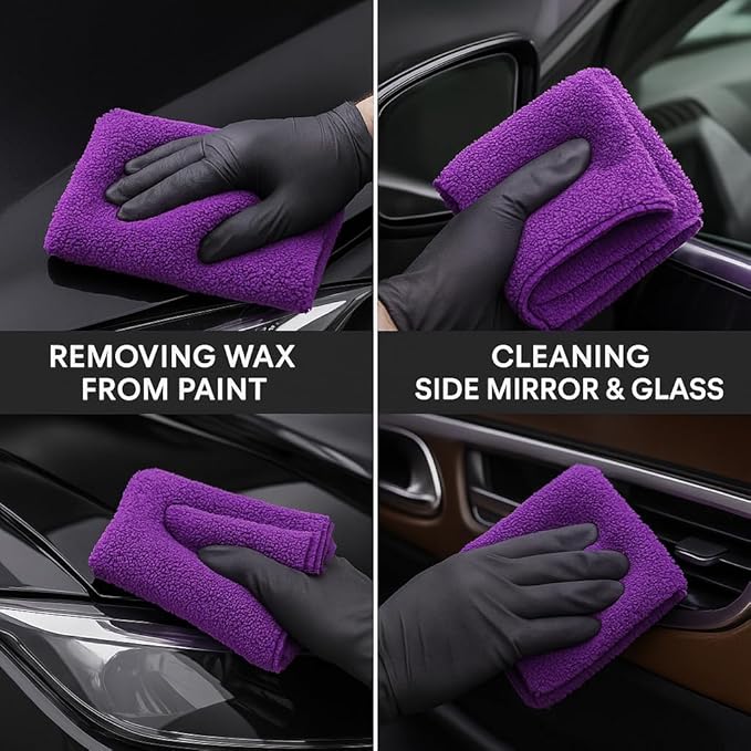 Paks - Edgeless Microfiber Towels 4-Pack - Car Detailing Wash Cloths for Cleaning - 16x16 Car Drying Towel - Lint Free Auto Rags for Polishing & Buffing - Purple & Grey Cleaning Supplies