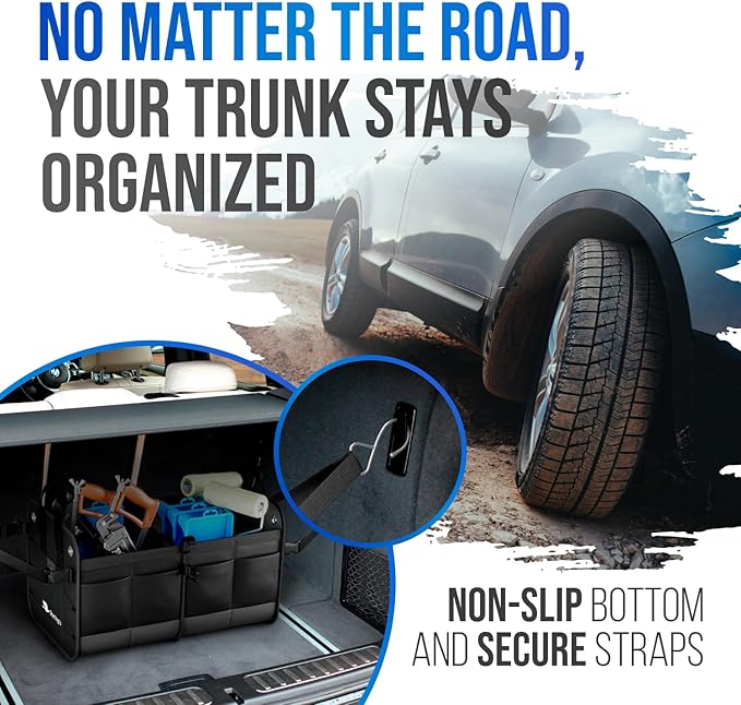 Car Trunk Organizer – Large Collapsible Storage Box with Adjustable Compartments – Heavy-Duty Cargo Organizer for SUV, Truck & Car – Non-Slip Waterproof Trunk Storage Bin for Groceries & Tools
