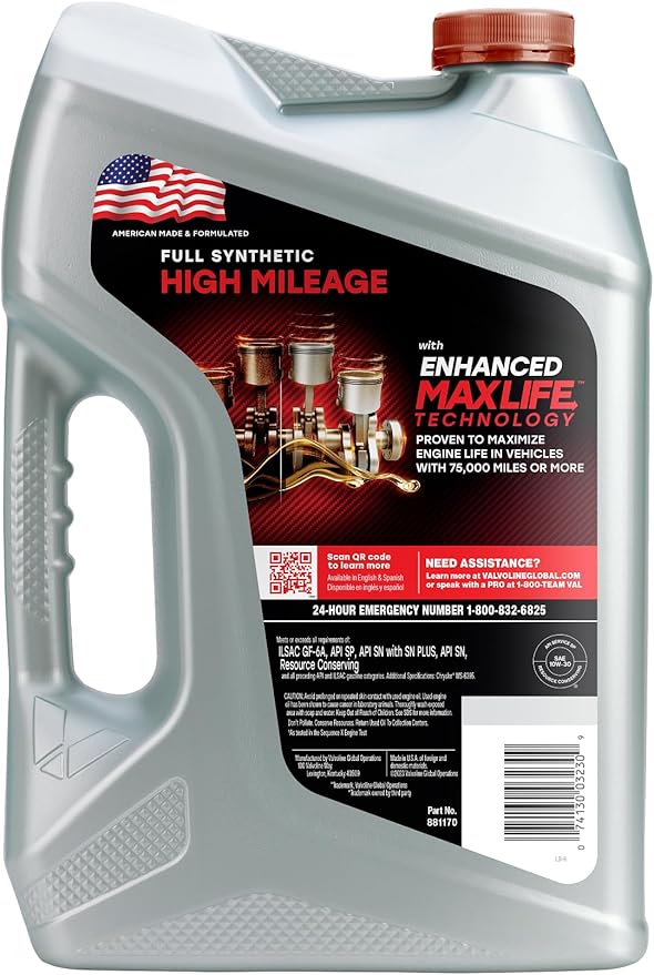 Valvoline Full Synthetic High Mileage with MaxLife Technology 10W-30 Motor Oil 5 Quart