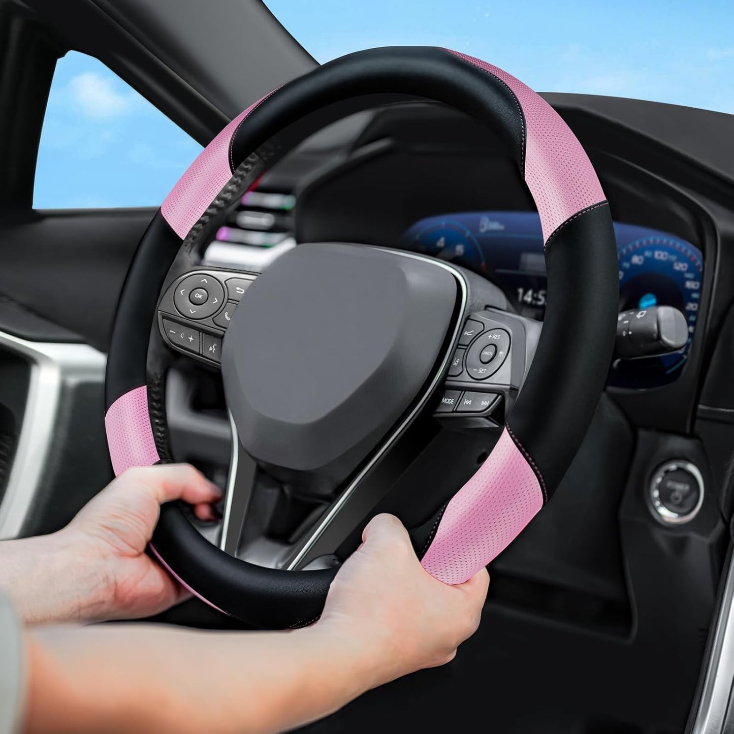 Soft Leather Steering Wheel Cover with Breathable Design and Anti-Slip Grip, Fully Compatible with Tesla, Toyota, Honda, Nissan 14.2-14.96 inch Round Steering Wheel（Sedans and SUVs）