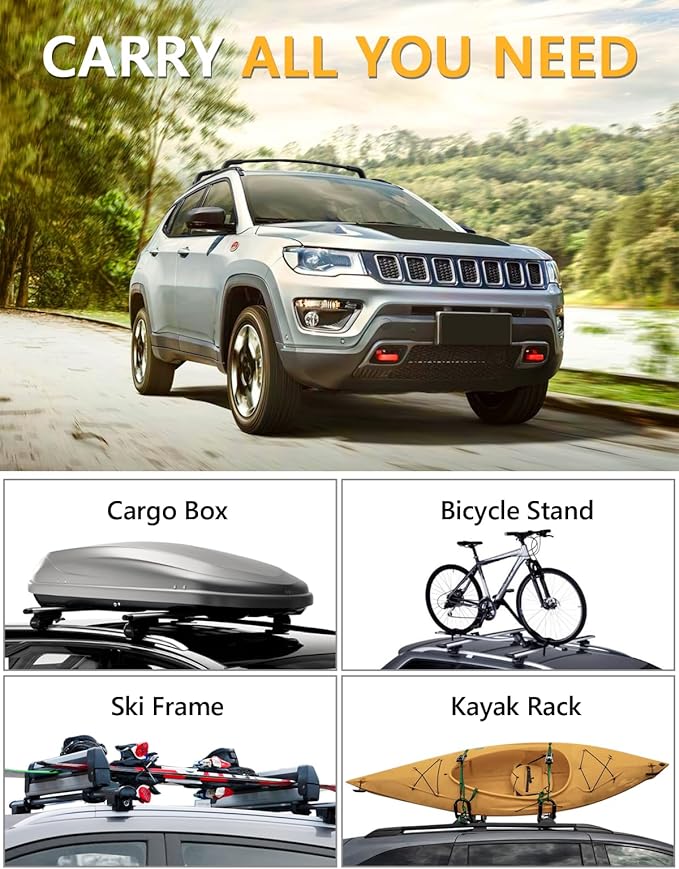 Tuyoung All Aluminum Roof Racks Cross Bars Compatible with Jeep Compass 2018-2025, 260lbs Lockable Heavy Duty Roof Rails Crossbars Rooftop Cargo Basket Carrier Bag Luggage Rails Kayak Canoe Snowboard