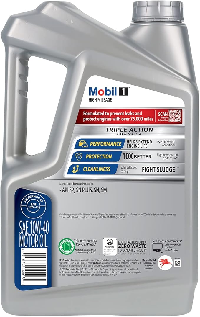 Mobil 1 High Mileage Full Synthetic Motor Oil 10W-40, 5 Quart