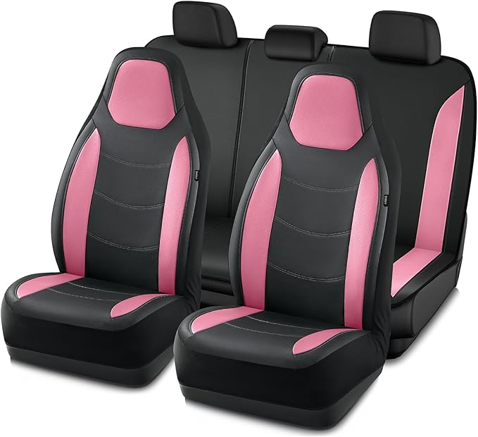 Road Comforts Car Seat Cover, Leather Seat Cover Full Set, Automotive Interior Seat Covers, Universal Fit for Most Cars, SUVs, Trucks, and Vans, Airbag Compatible (Pink)