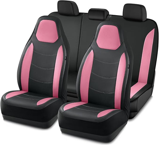 Road Comforts Car Seat Cover, Leather Seat Cover Full Set, Automotive Interior Seat Covers, Universal Fit for Most Cars, SUVs, Trucks, and Vans, Airbag Compatible (Pink)