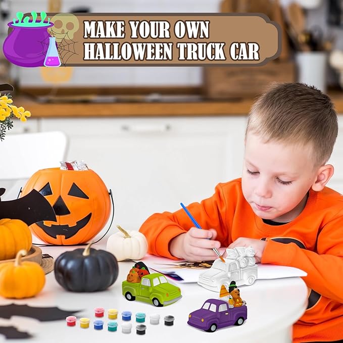 JellyArch 6 Set Halloween DIY Ceramics to Painting Kits 3D Ceramic Truck to Paint Your Own Truck with Pumpkins Ghost Cross Statues Unpainted Plaster Crafts with Brush Paint Bag for Adult