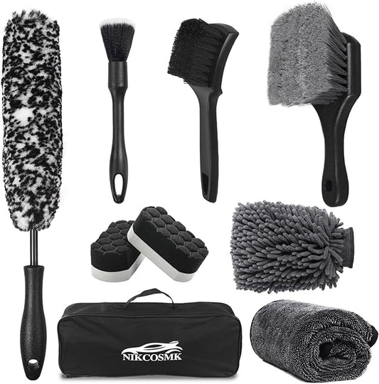 9Pcs Car Wheel & Tire Brush Kit, Wheel Cleaner Brush, Soft-bristled Rim Brush, Car Drying Towel (36"x 24"), Tire Shine Applicator Pad, Car Wash Mitt, Car Detailing Cleaning Wash Brush Supplies Kit