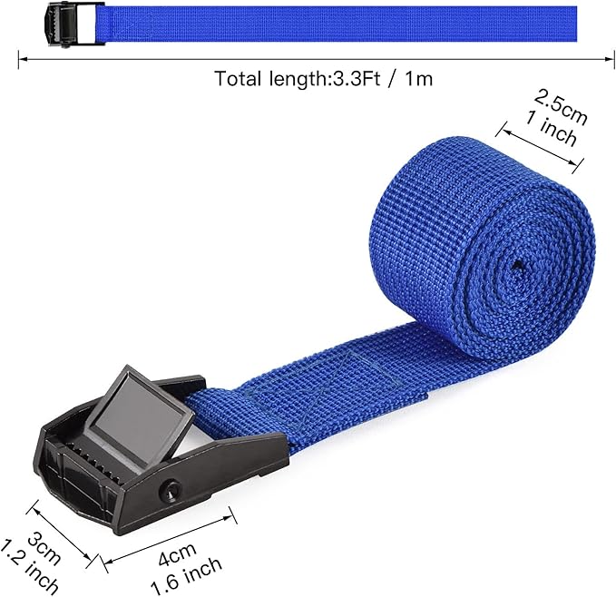 Tie Down Straps 6 Pcs Cam Buckle Strap 3.3' x 1" Adjustable Lashing Cinch Ratchet Tie-Down Straps for Cargo, Trucks, Luggage, Trailer, Motorcycle (Blue)