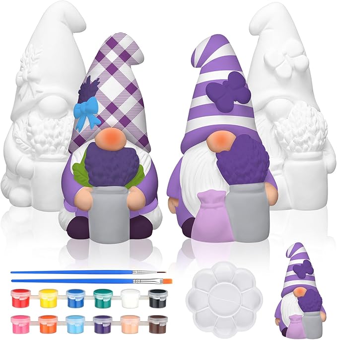 Seenelling 2 Pack Lavender Dream Gnomes Ready to Paint Your Own Statues 4'' DIY Unpainted Ceramics Figurines Kit Paintable Ceramics Art and Crafts Purple Fragrance Wonderland Journey Decor