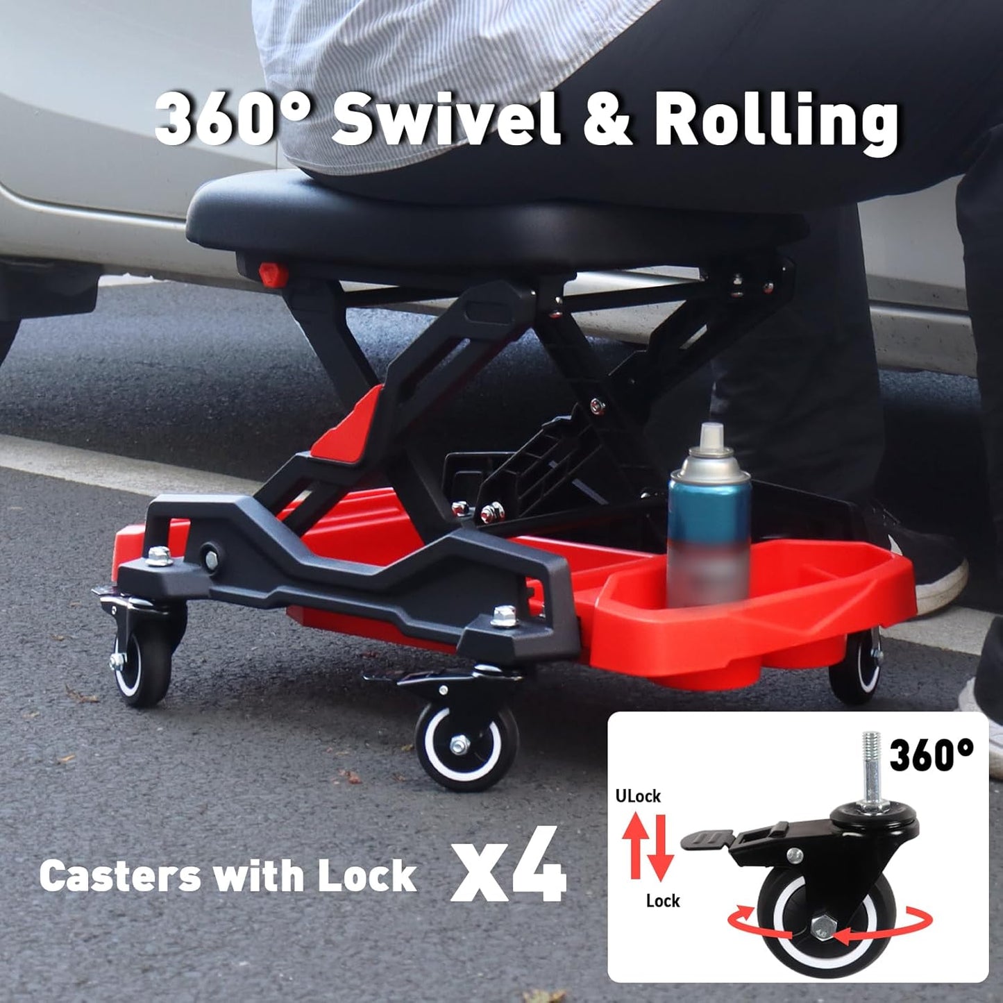 Automotive Creeper Seat with Rolling Wheels, 300 LBS Capacity Mechanic Stool, Heavy Duty Garage Stool with Soft Padded Cushion and Tool Trays, Foldable Design for Easy Storage