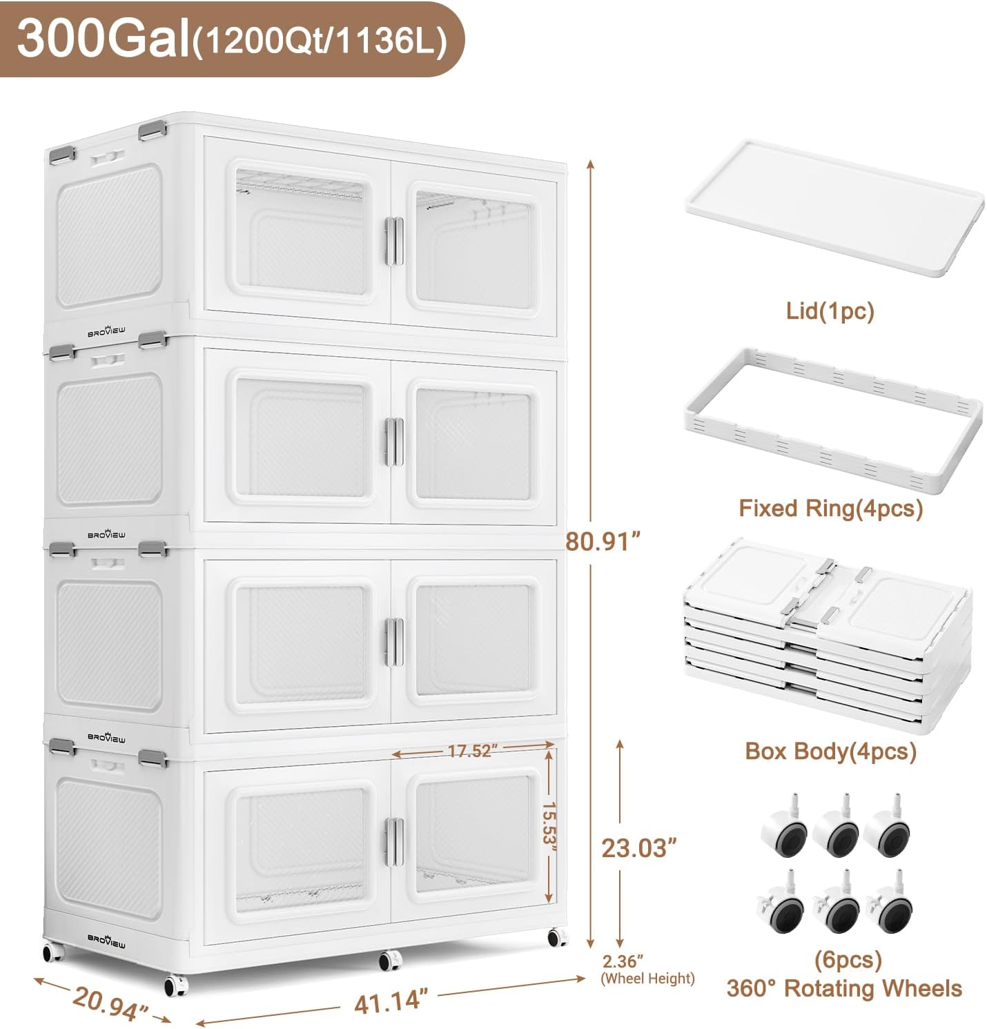 1200 Qt Stackable Storage Bin with Lid, 300Gal Extra Large Collapsible Storage Boxes, Folding Plastic Drawer, Heavy-Duty Store Cabinet, Closet Organizer for Home Kitchen, 4 Pack White