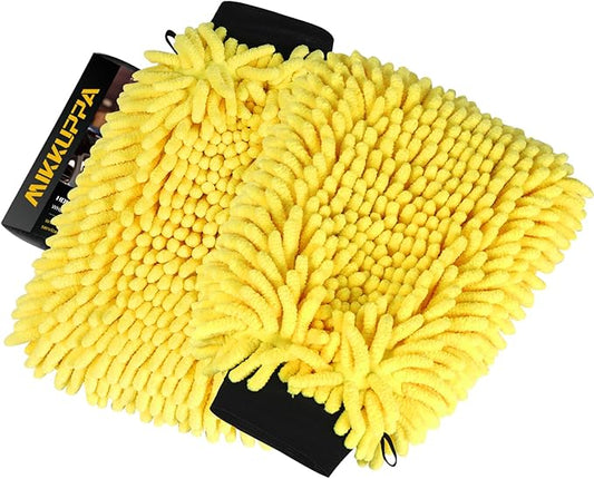 MIKKUPPA Car Wash Mitt Microfiber - Double-Sided Chenille Scratch Free Mitt with Waterproof Inner for Car Washing Home Cleaning (Yellow, 2Pack, 10'' x 7'')
