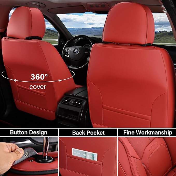 Coverado Car Seat Covers Full Set, Premium Nappa Leather Seat Covers for Car, Waterproof Car Seat Protector with Lumbar Support, Automotive Seat Covers Universal Fit for Most Cars SUV Truck, (Red)