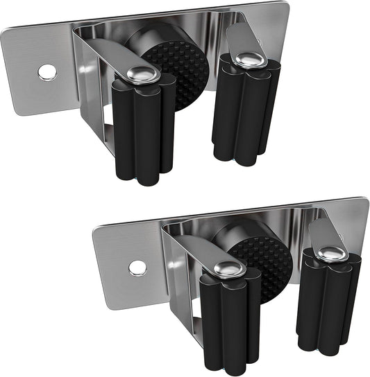 Self Adhesive Broom and Mop Holder Wall Mounted – SUS304 Stainless Steel 2-Slot Organizer with Anti-Slip Rubber Grips, 25lb Load, Adjustable for 0.6–1.4" Handles, Garage Kitchen Bathroom Use, 2 Pcs