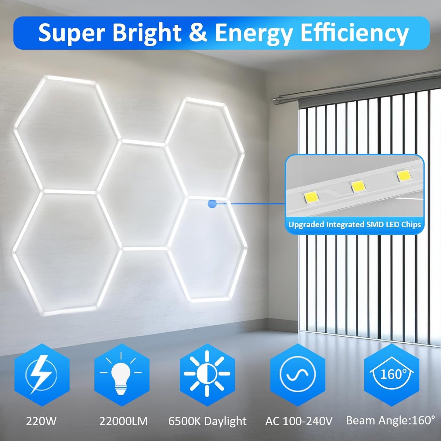 tewei LED Hexagon Garage Light, 25 Pack Super Bright Hex Ceiling LED Shop Lights 6500K Daylight White for Garage, 220W 22000LM for Workshop, Warehouse, Gym, Basement