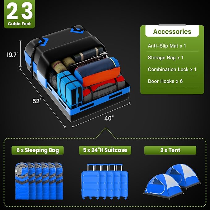 23 Cubic Feet Car Rooftop Cargo Bag Carrier, Soft Roof Top Luggage Bag for All Vechicles with/Without Racks - with Waterproof Zip, Luggage Lock, Anti-Slip Mat, Storage Bag, Door Hooks, Blue