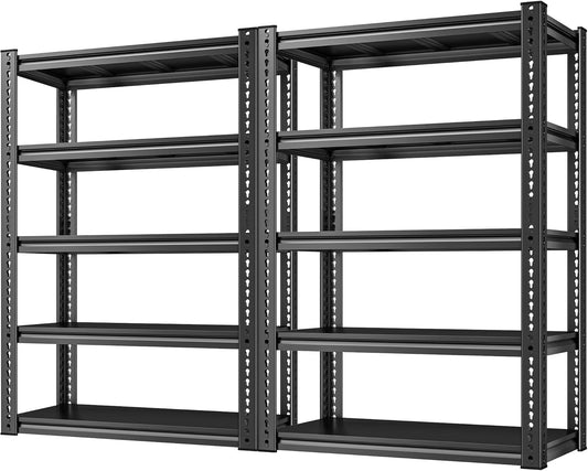 REIBII Garage Shelving Load 2000 LBS, Adjustable 5-Tier Storage Shelves, Metal Shelving Units and Storage Rack Shelf for Garage, Basement, Kitchen, 32" W x 17" D x 72" H, Black, 2PC