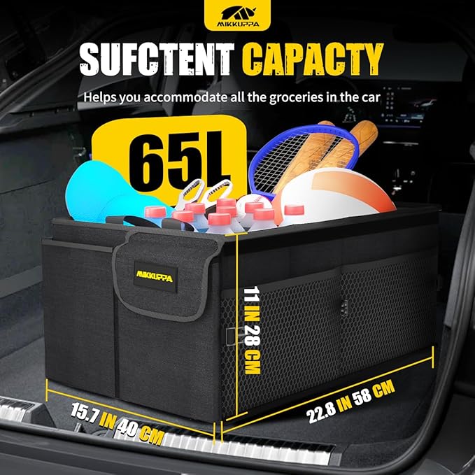 MIKKUPPA Car Trunk Organizer - 65L Collapsible Trunk Organizer with Lid, Sturdy Car Storage for SUV Auto Truck Van with Adjustable Straps and Non Slip Bottom (Black)