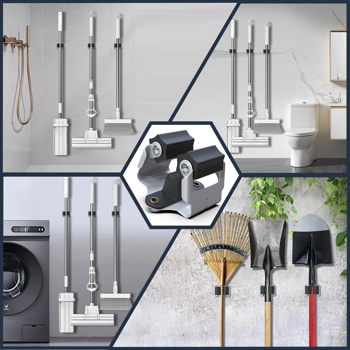 3-H 4 Pack Mop and Broom Holder Big Size Hanging 1 KG Extra,Broom Holder Wall Mount for Hanging and Organizing Shove Rake Yard Tools in Shed Kitchen Laundry Room Bathroom Garden(black