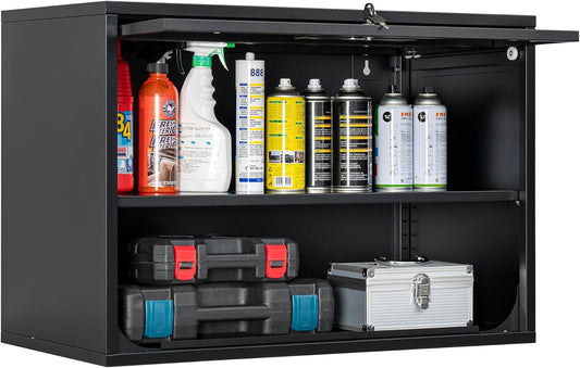 Metal Storage Cabinet Black Wall Cabinets with Shelf and Locking Door - Wall Mounted Storage Cabinet for Garage Warehouse Home Office - Assembly Required