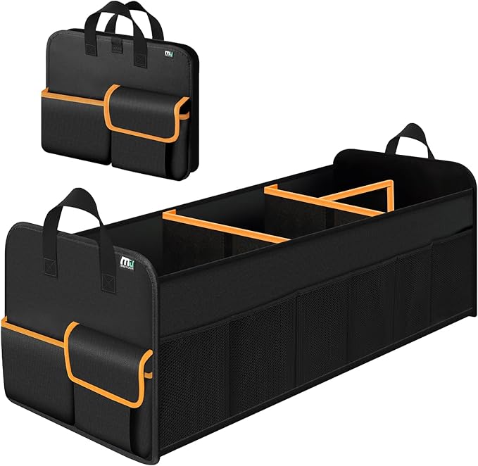 MIU COLOR Trunk Organizer for SUV, Collapsible Trunk Organizer for Car, Non-Slip Bottom, Storage Organizer for Sedans, Van, Jeep, Grocery, Large 4 Compartments, Black Mixed Orange 32"×13"×12"