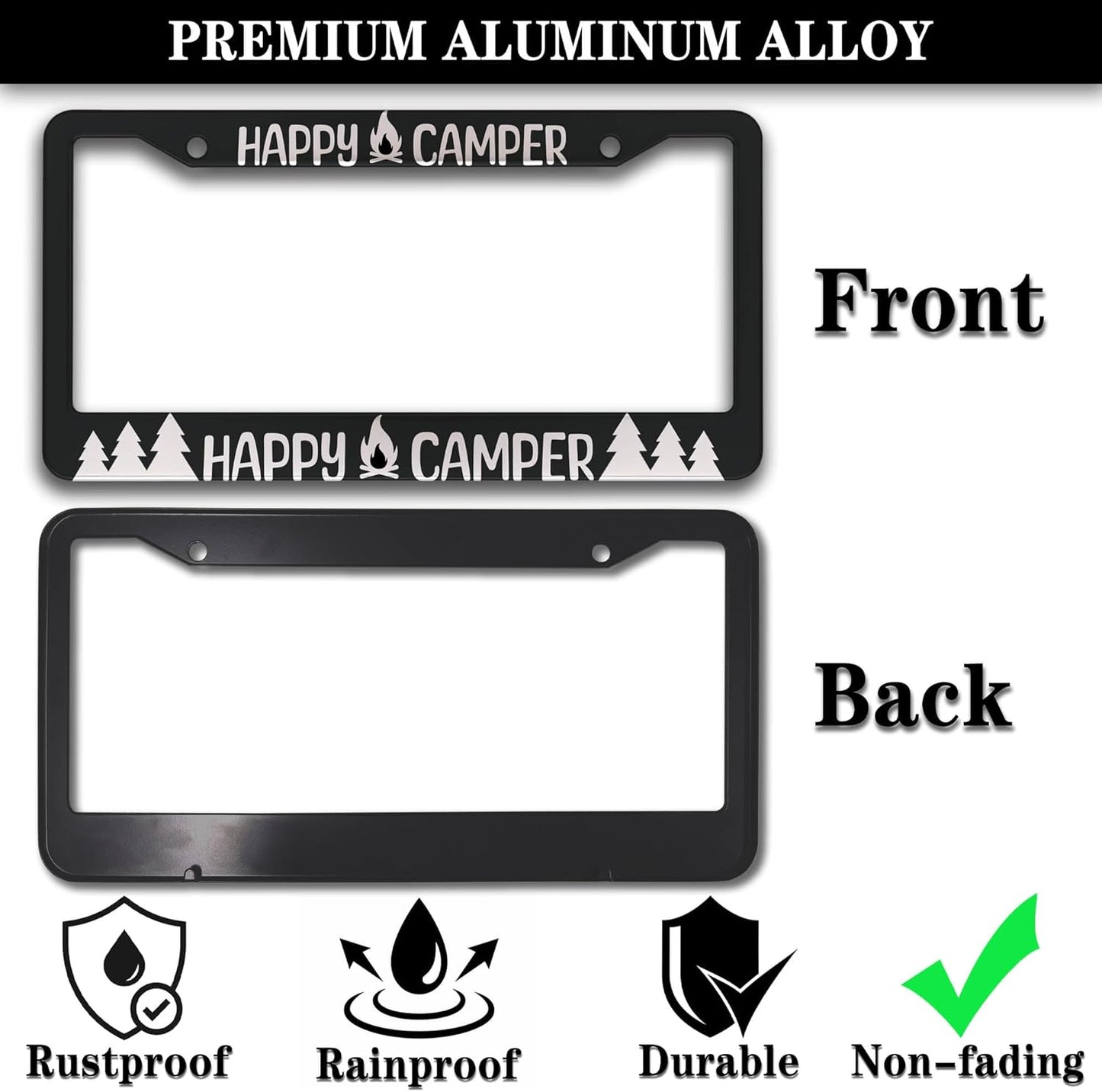 License Plate Frames Black and White Metal License Plate Frame Happy Camper with Campfire Universal Aluminum Car Accessory 2 Pack with Screw Covers Set