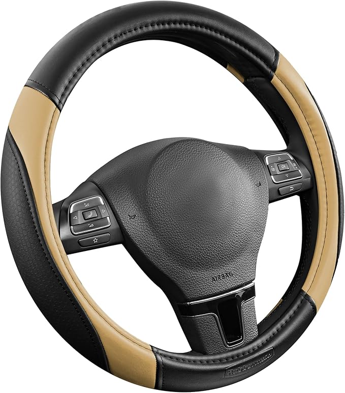 Rubbermaid Steering Wheel Cover – Universal Fit 14.5"–15" Steering Wheel Cover, Anti-Slip Grip, Breathable Leather, All-Season Protection, Interior Upgrade for Cars, Trucks, SUVs - Beige