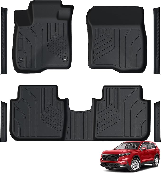 Floor Mats Custom Fit for Honda CRV 2023 2024 2025 2026 (Include Gas and Hybrid), Door Sill Guards & Front & 2nd Row TPE All Weather Protection Black Car mat Automotive Liners Accessories