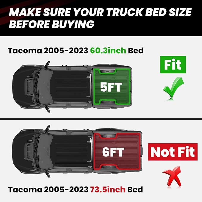 LASFIT Bed Mat for Toyota 2005-2023 Tacoma (5FT,61.3'' Bed) Truck Bed 5ft, All Weather TPE Car Bed Liner for Toyota Tacoma 2023 2022-2005 Accessories Truck Mat &Cargo Liner (Not Fit Drop-in Liners)