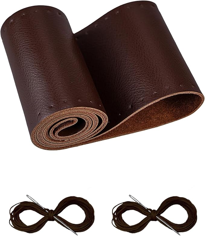 BELINOUS Leather Steering Wheel Cover Lace Up, Stitch On Wrap, Universal Fit 13-20 inch Car Truck SUV Pickup Boat, A Whole Piece of Cowhide, DIY Stitch w/Needle Thread (Size M6, Coffee)