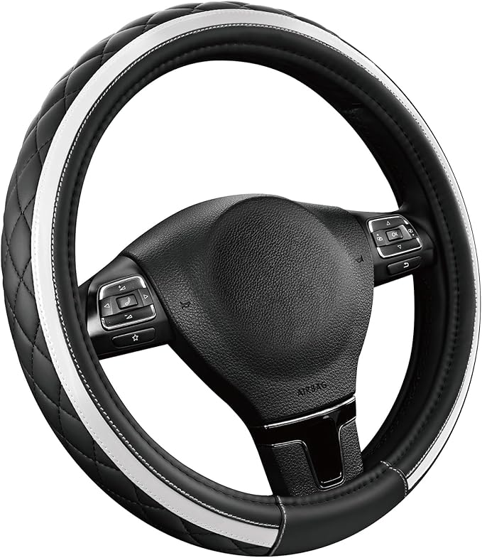 Road Comforts Leather Steering Wheel Cover – Black & Silver, Universal Fit 14.5-15 Inch, Microfiber Leather, Anti-Slip & Breathable Design for Men and Women