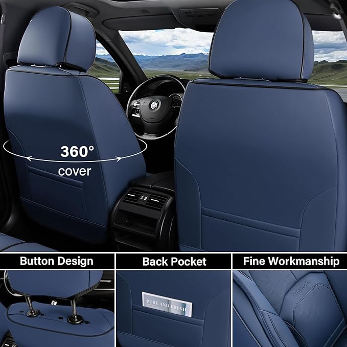 Coverado Car Seat Covers Full Set, Blue Car Seat Cover, Nappa Leather Seat Covers for Cars, Waterproof Car Seat Protector with Lumbar Support, Automotive Seat Covers Universal Fit for Most Cars (Blue)