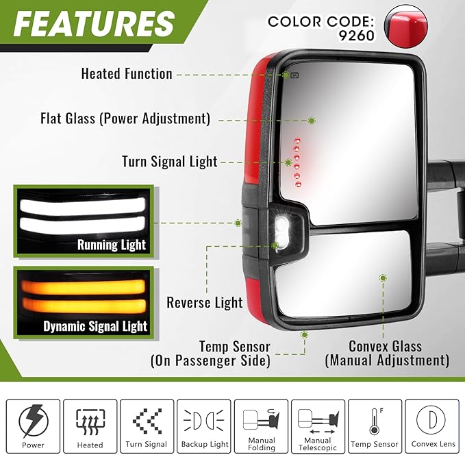 Towing Mirrors for Chevy Silverado/GMC Sierra 1500 (2014-2018), 2500HD/3500HD (2015-2019) Switchback Dynamic Turn Signal/Running Lights Power Heated (Painted Red)