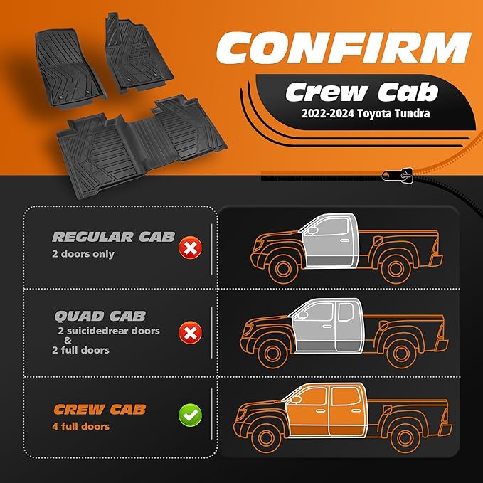 Floor Mats for Toyota Tundra (Only Fit CrewMax Cab 2022-2025), Custom Fit TPE All Weather Front & Rear Row Floor Liner Black