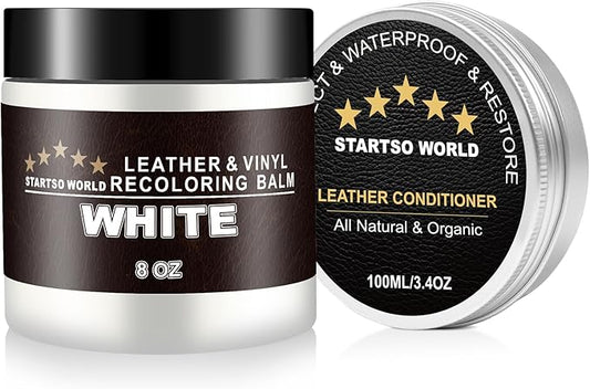 STARTSO WORLD 200Ml Leather Recoloring Balm with 100ML Leather Conditioner, White Leather Repair Kit for Furniture, Leather Dye, Leather Scratch Repair, Leather Couch Paint