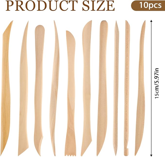 JIYIN 10 Piece Wooden Clay Sculpting Tool, 6'' Double Ended Ceramic Wooden Clay Modeling Sculpture Tool Polymer Pottery Dough Modeling Tool Kit for Cutting Carving Detailing and Smoothing