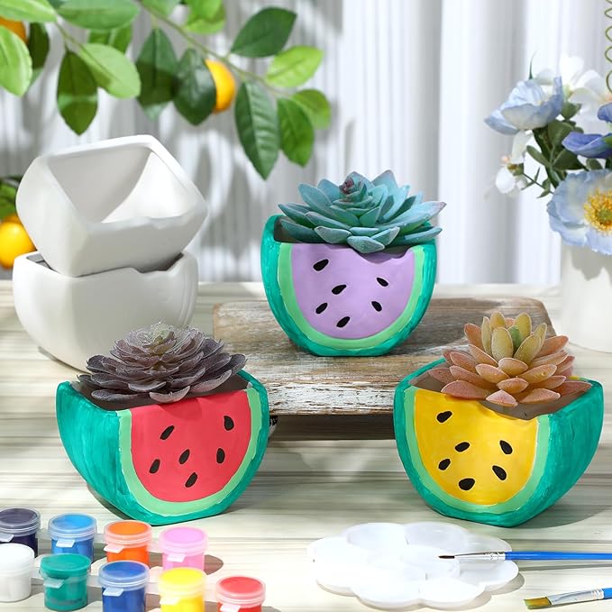 Pasimy 6 Set DIY Ceramic Succulent Planter Pots Paint Your Own Flower Pots Craft Kit Unpainted Bisque Paintable Flowerpot with Brush Palette Ready to Paint for Family Activity Gift(Watermelon)