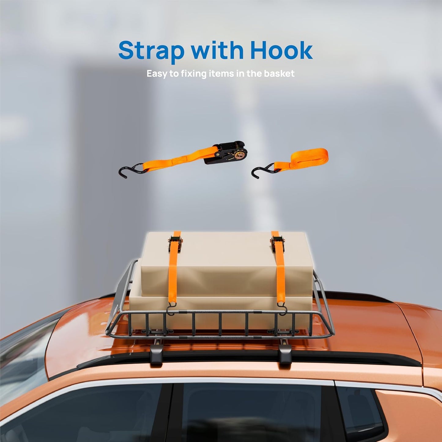 TUFFIOM 46"x 36"x 6" Universal Rooftop Cargo Carrier Basket, Heavy Duty Steel Roof Rack Basket w/4 Straps with Hook, Car Top Rack Luggage Holder Carrier for SUV Car Truck Van