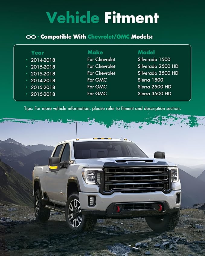 SCITOO Towing Mirrors Tow Mirrors Black Truck fit for 2014-2018 For Chevy For GMC 1500 2015-2019 For Chevy For GMC 2500/3500 HD with Pair LH RH Power Heated LED Signal Running Back Up