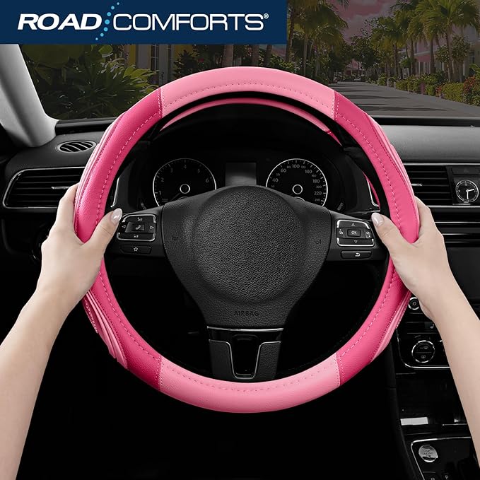 Road Comforts Car Steering Wheel Cover - Microfiber Leather Steering Wheel Wrap Sports 14.5-15 Inch Steering Wheel Cover Non-Slip for Men Women Pink & HotPink Color