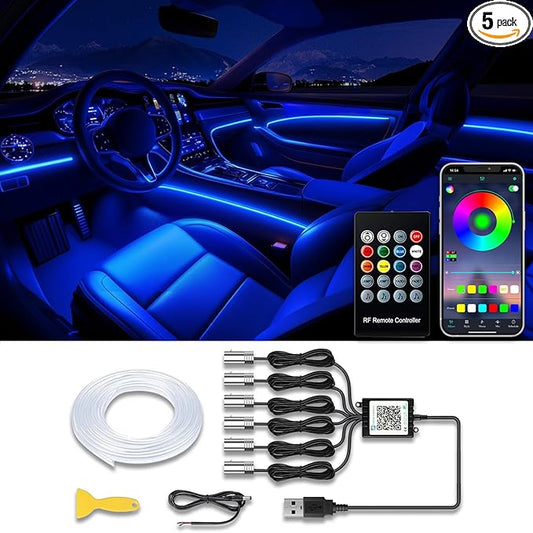 USB Interior Car LED Strip Lights with Wireless APP and Remote Control, RGB 6 in 1 Ambient Lighting Kits with 315 inches 3.0mm Fiber Optic, 16 Million Colors Car Neon Lights, Sync to Music