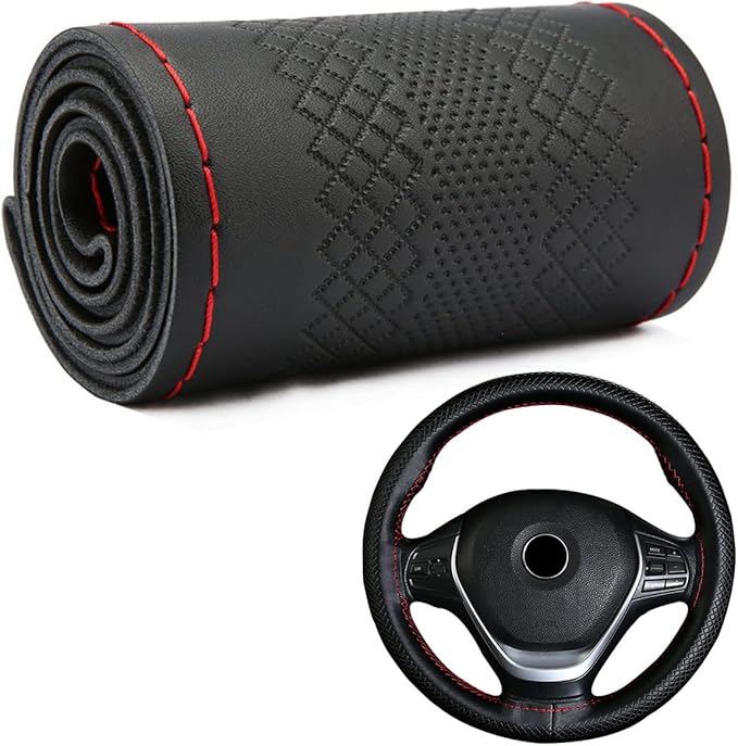 DEEYOTA Car Steering Wheel Cover Universal Fit Round Stitch Steering Wheel Wrap Thin PU Leather Steering Wheel Cover Sewn on 15" Car Wheel (Black)