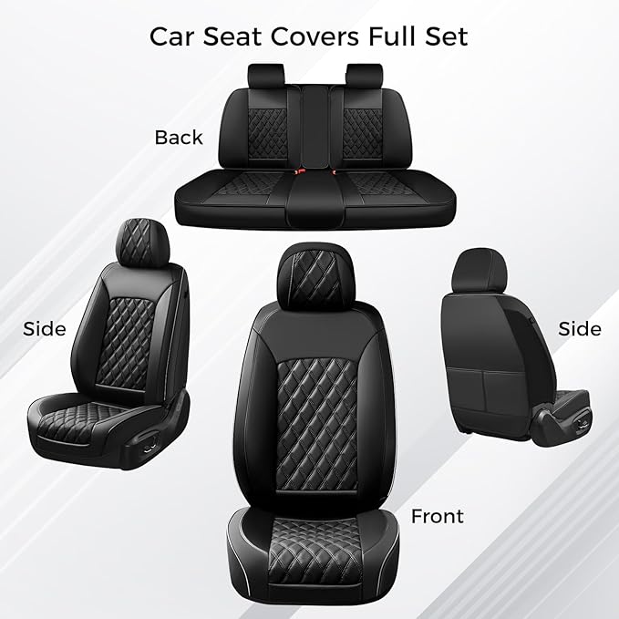Huidasource Car Seat Covers Full Set, Nappa Leather Seat Covers, Front & Split Rear Bench Car Seat Cover, Zipper, Velcro Adjustable, Universal Fit for Most Cars, Vans, Trucks, SUVs (Full Set/Black)