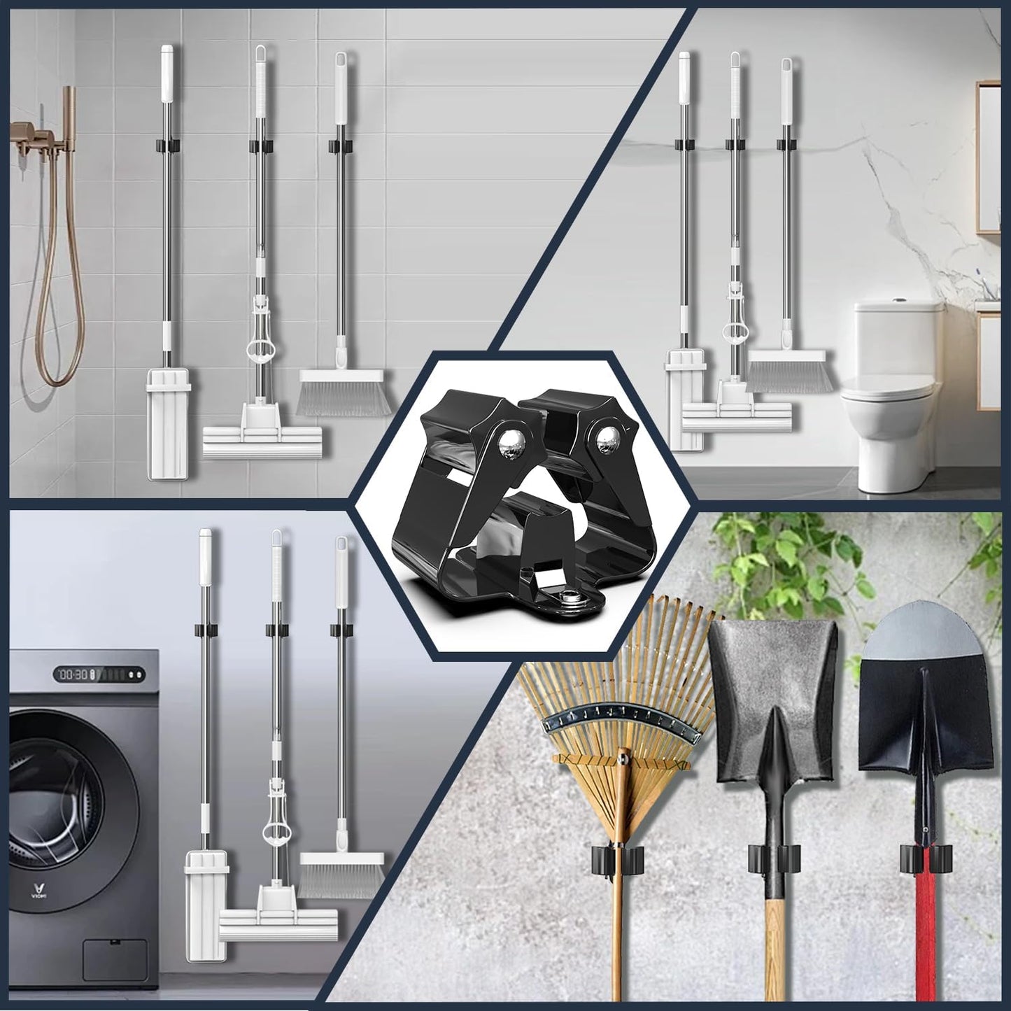 3-H Stainless Steel Broom Holder Wall Mount 12-Pack- Heavy Duty Mop Organizer, Wall Mounted Broom Storage with Secure Mounting for Kitchen Laundry Garage Bathroom (Space Saving)