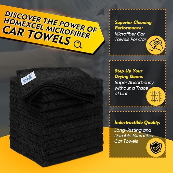 HOMEXCEL Black Microfiber Cleaning Cloth 20 Pack 11.5 x 11.5 inch Microfiber Towels for Cars Ultra Absorbent Car Washing Cloth Lint Free Streak Free Cleaning Rags for Car, Kitchen Window